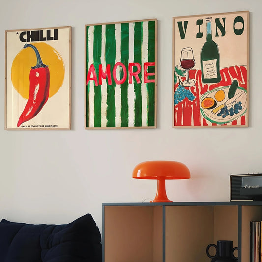 Amore Green Striped Canvas Printing Vino Wine Glass & Pepper Wall Art Poster Modern Living Room Bedroom Kitchen Home Decor Gifts