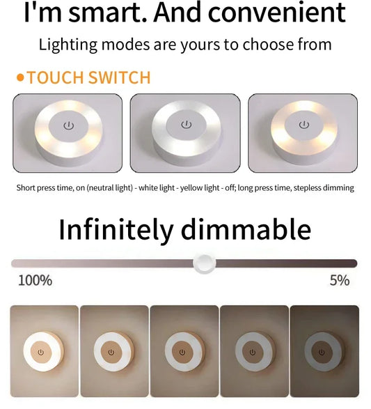 Round Led Wall Lamp Rechargeable Night Light with Touch Switch Dimmable Magnetic Book Light for Reading Bedroom Cabinet Closet