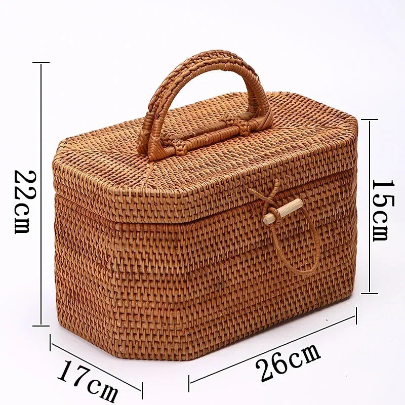 Handwoven Rattan Storage Box with Handle Wicker Ornament Box Tea set Container Picnic Bread Fruit Cake Basket Kitchen Organizer