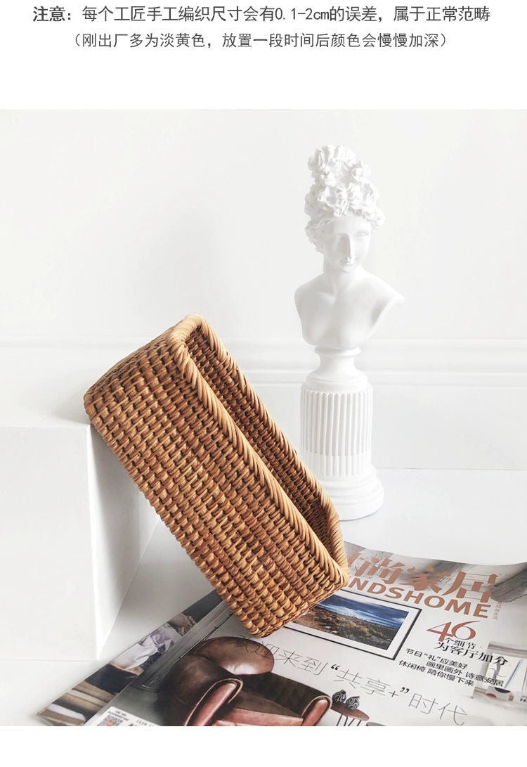 Hand-woven Rattan Wicker Basket Fruit Tea Snack Bread Basket Cosmetic Rectangular Storage Box Household Kitchen Supplies