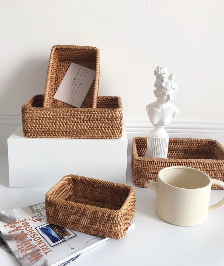 Hand-woven Rattan Wicker Basket Fruit Tea Snack Bread Basket Cosmetic Rectangular Storage Box Household Kitchen Supplies