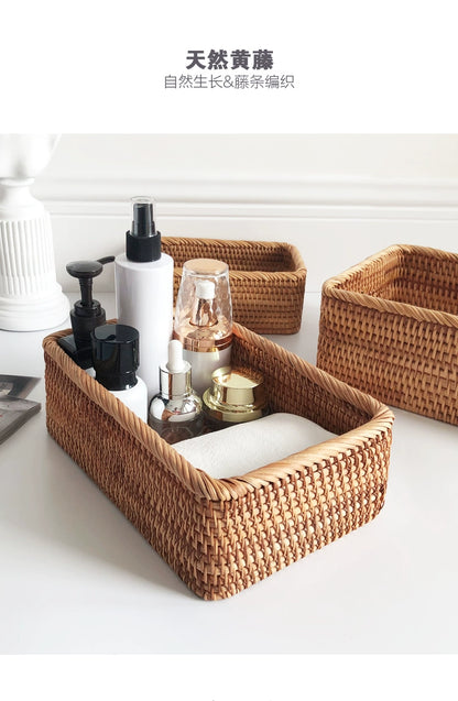 Hand-woven Rattan Wicker Basket Fruit Tea Snack Bread Basket Cosmetic Rectangular Storage Box Household Kitchen Supplies