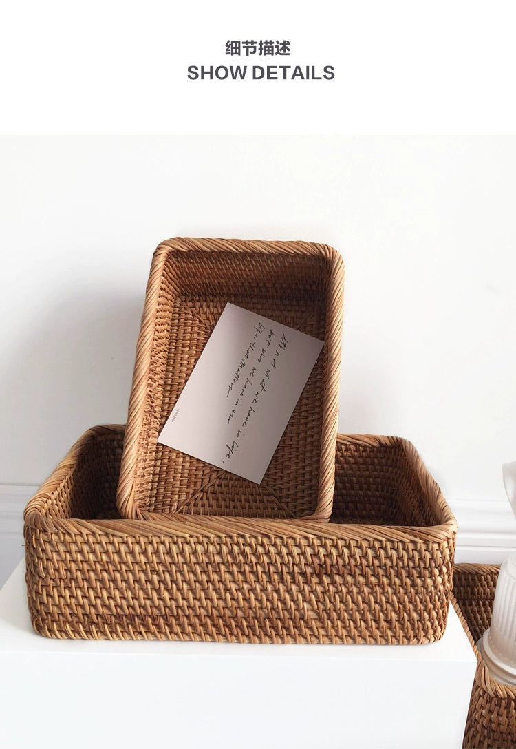 Hand-woven Rattan Wicker Basket Fruit Tea Snack Bread Basket Cosmetic Rectangular Storage Box Household Kitchen Supplies