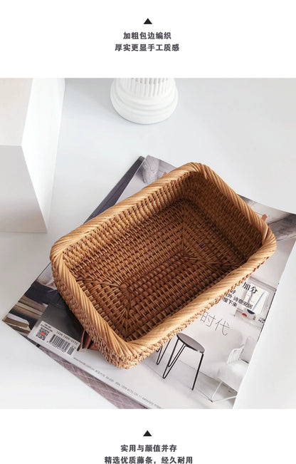 Hand-woven Rattan Wicker Basket Fruit Tea Snack Bread Basket Cosmetic Rectangular Storage Box Household Kitchen Supplies