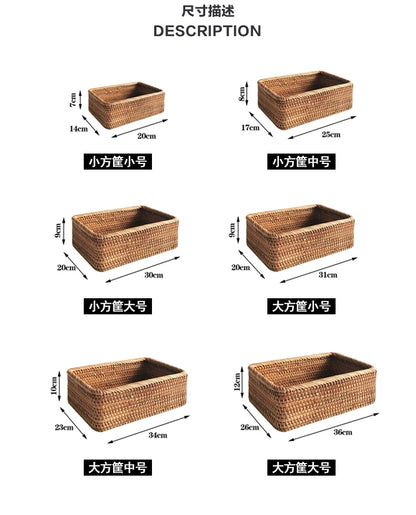 Hand-woven Rattan Wicker Basket Fruit Tea Snack Bread Basket Cosmetic Rectangular Storage Box Household Kitchen Supplies