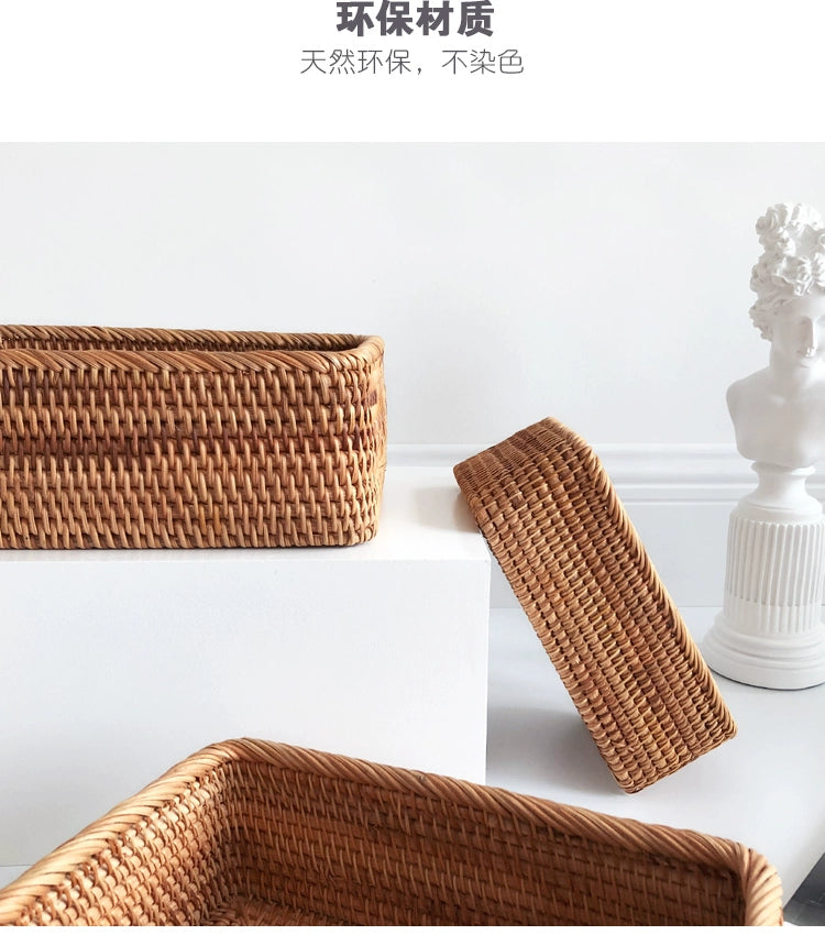 Hand-woven Rattan Wicker Basket Fruit Tea Snack Bread Basket Cosmetic Rectangular Storage Box Household Kitchen Supplies