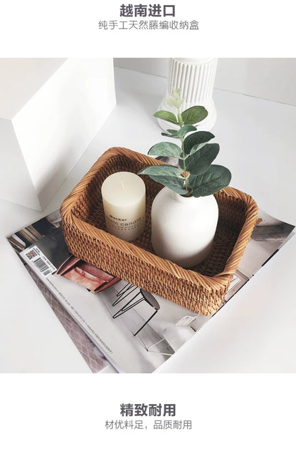 Hand-woven Rattan Wicker Basket Fruit Tea Snack Bread Basket Cosmetic Rectangular Storage Box Household Kitchen Supplies
