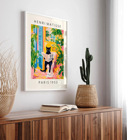 Black cat on toilet, Bathroom wall art, Matisse poster, Funny bathroom decor, Pink tropical decor