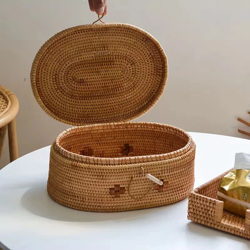 Handwoven Rattan Storage Box with Handle Wicker Ornament Box Tea set Container Picnic Bread Fruit Cake Basket Kitchen Organizer