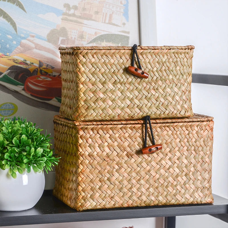 Storage Shelf Basket with Lid Rectangular Handmade Seagrass Rattan Woven Makeup Organizer Multipurpose Container Natural Box for