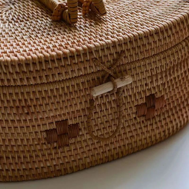 Handwoven Rattan Storage Box with Handle Wicker Ornament Box Tea set Container Picnic Bread Fruit Cake Basket Kitchen Organizer