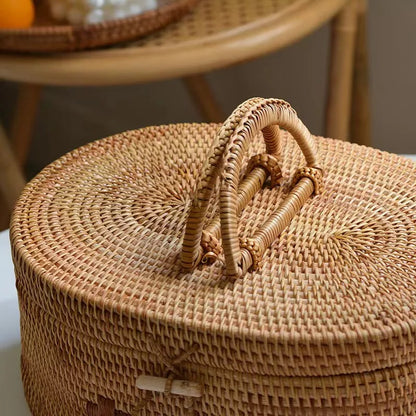 Handwoven Rattan Storage Box with Handle Wicker Ornament Box Tea set Container Picnic Bread Fruit Cake Basket Kitchen Organizer