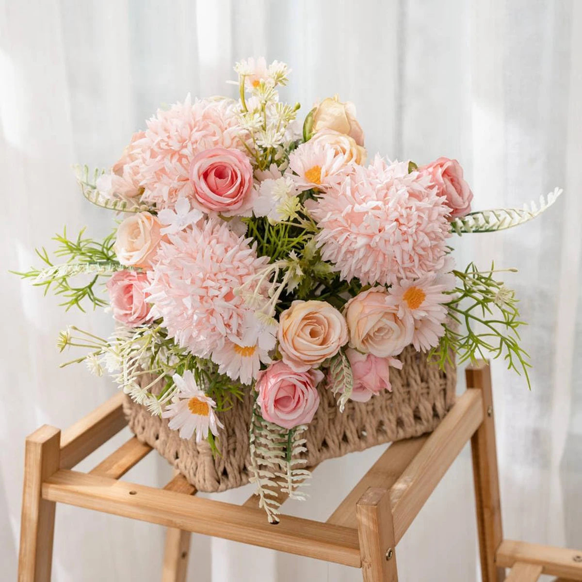 1PC Artificial Flowers Wedding Home Bedroom Decoration Bridal Bouquet Garden Fake Silk Roses Hydrangeas Vase for Board Outdoors
