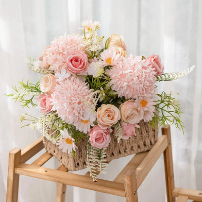 1PC Artificial Flowers Wedding Home Bedroom Decoration Bridal Bouquet Garden Fake Silk Roses Hydrangeas Vase for Board Outdoors