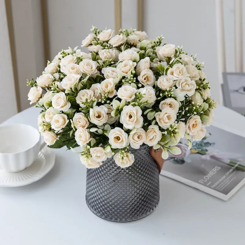 1PC 15 Head 5 Fork Silk Rose Wedding bridal Bouquet Christmas Wreath Vase Decoration Home bonsai DIY Scrapbook Artificial Flower