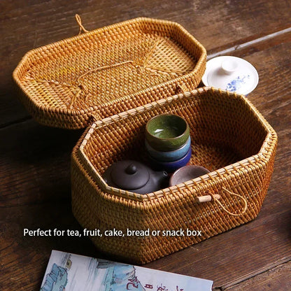 Handwoven Rattan Storage Box with Handle Wicker Ornament Box Tea set Container Picnic Bread Fruit Cake Basket Kitchen Organizer