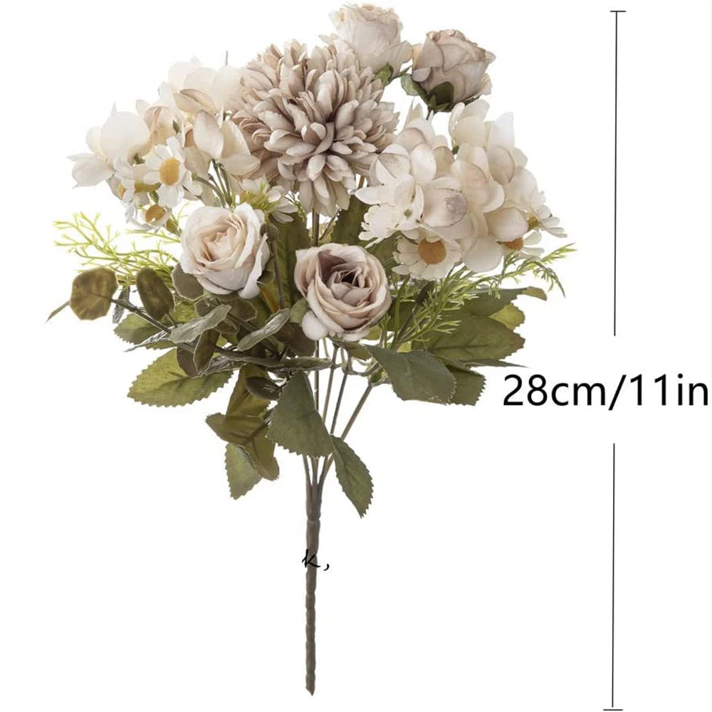 1PC Artificial Flowers Wedding Home Bedroom Decoration Bridal Bouquet Garden Fake Silk Roses Hydrangeas Vase for Board Outdoors