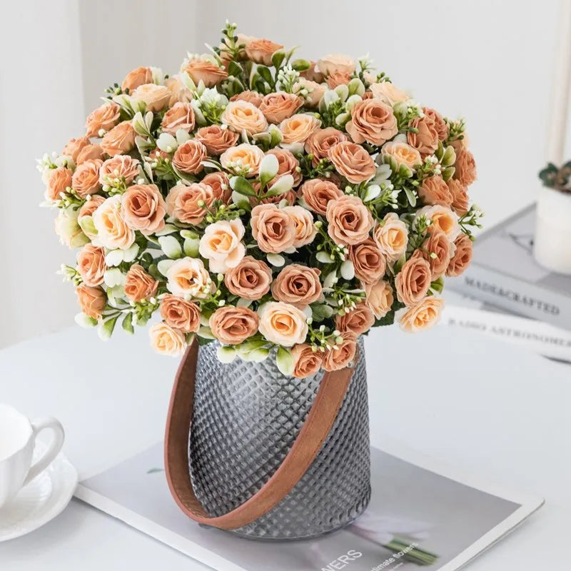 1PC 15 Head 5 Fork Silk Rose Wedding bridal Bouquet Christmas Wreath Vase Decoration Home bonsai DIY Scrapbook Artificial Flower