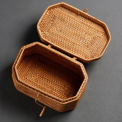 Handwoven Rattan Storage Box with Handle Wicker Ornament Box Tea set Container Picnic Bread Fruit Cake Basket Kitchen Organizer