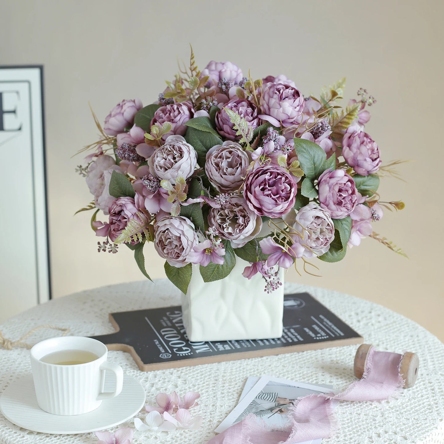 1PC Artificial Flowers Wedding Home Bedroom Decoration Bridal Bouquet Garden Fake Silk Peony Hydrangeas Vase for Board Outdoors