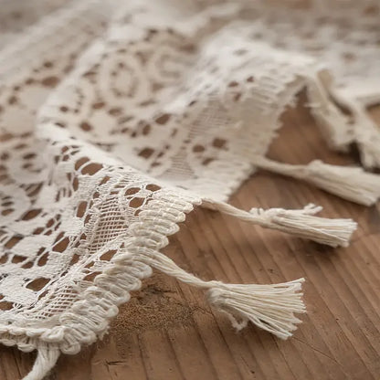 Beige Circular Patterned Hanging Tassel Short Curtain, Lace Short Curtain, Living Room, Bedroom, Kitchen Cabinet Cover Curtain