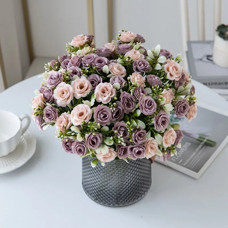 1PC 15 Head 5 Fork Silk Rose Wedding bridal Bouquet Christmas Wreath Vase Decoration Home bonsai DIY Scrapbook Artificial Flower