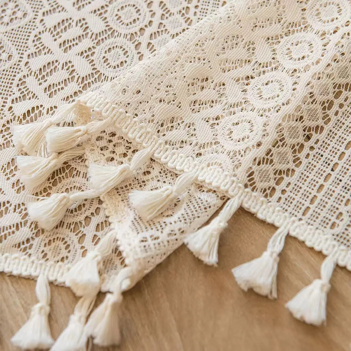 Beige Circular Patterned Hanging Tassel Short Curtain, Lace Short Curtain, Living Room, Bedroom, Kitchen Cabinet Cover Curtain