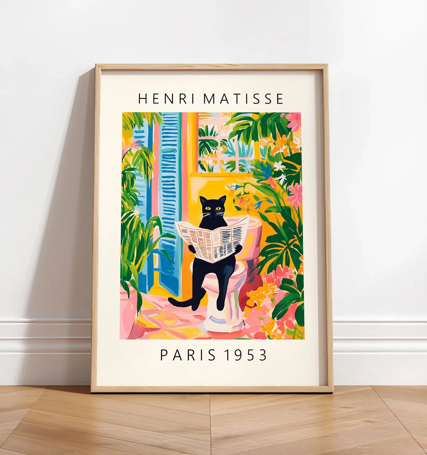 Black cat on toilet, Bathroom wall art, Matisse poster, Funny bathroom decor, Pink tropical decor