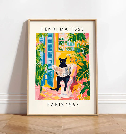 Black cat on toilet, Bathroom wall art, Matisse poster, Funny bathroom decor, Pink tropical decor