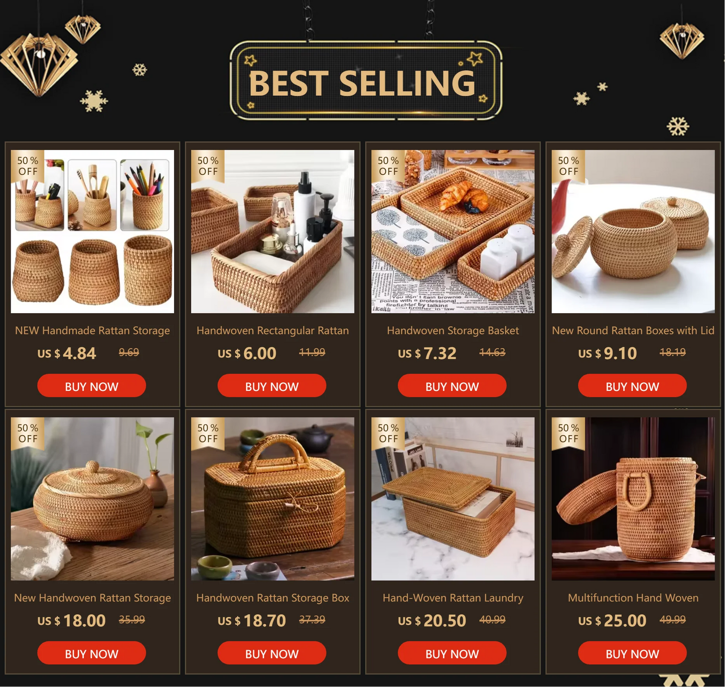 Handwoven Rattan Storage Box with Handle Wicker Ornament Box Tea set Container Picnic Bread Fruit Cake Basket Kitchen Organizer