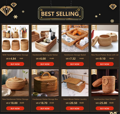 Handwoven Rattan Storage Box with Handle Wicker Ornament Box Tea set Container Picnic Bread Fruit Cake Basket Kitchen Organizer