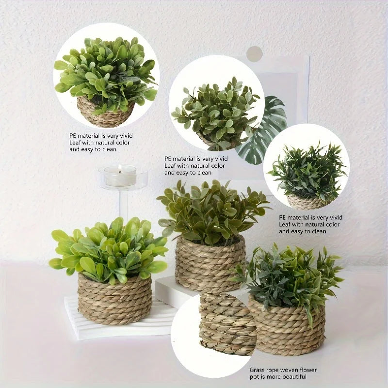 XIYA FLOWER Green Artificial Plants Eucalyptus Grass Woven Small Potted Plants Grass Mound 11cm PE Material Home Decoration
