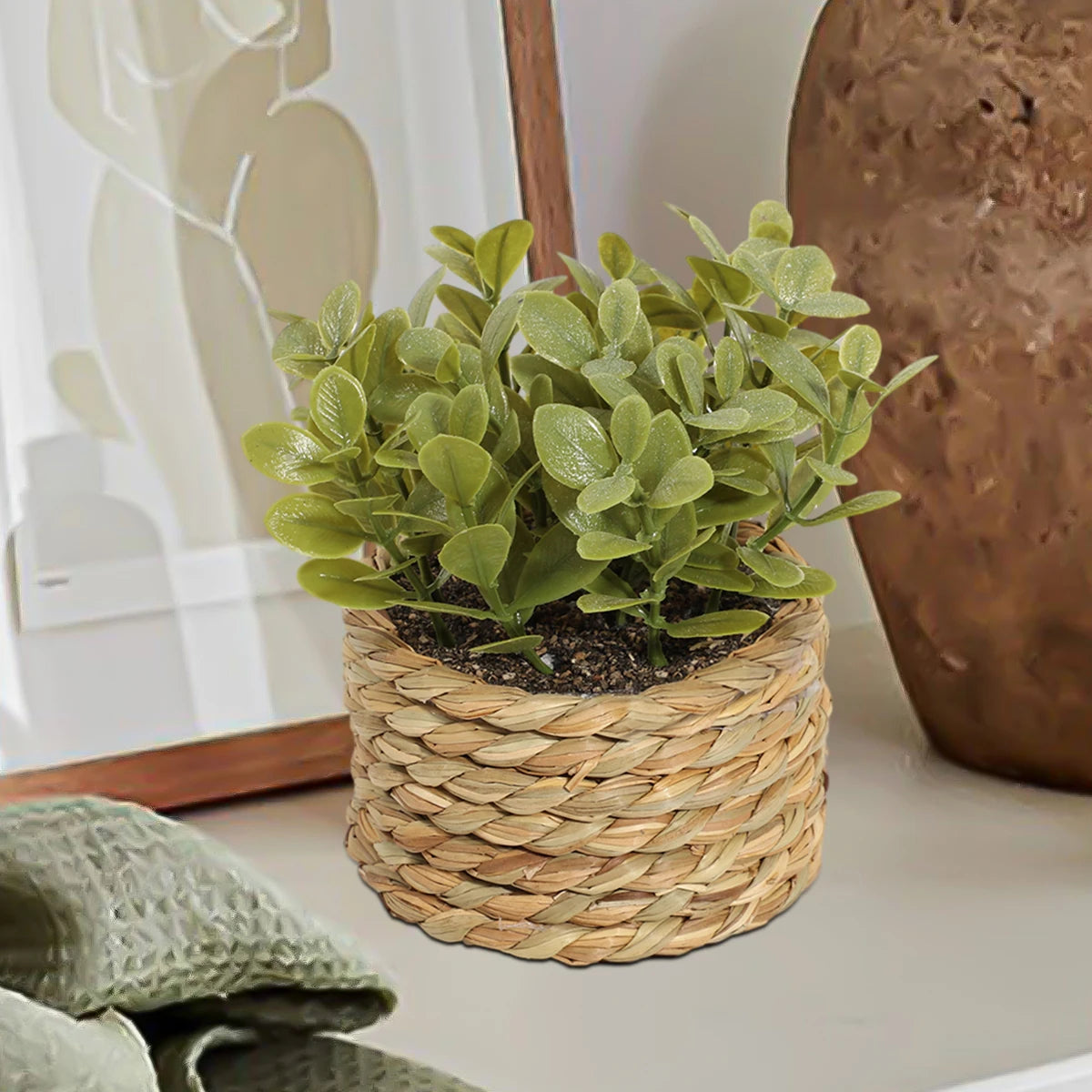 XIYA FLOWER Green Artificial Plants Eucalyptus Grass Woven Small Potted Plants Grass Mound 11cm PE Material Home Decoration