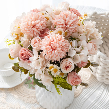 1PC Artificial Flowers Wedding Home Bedroom Decoration Bridal Bouquet Garden Fake Silk Roses Hydrangeas Vase for Board Outdoors