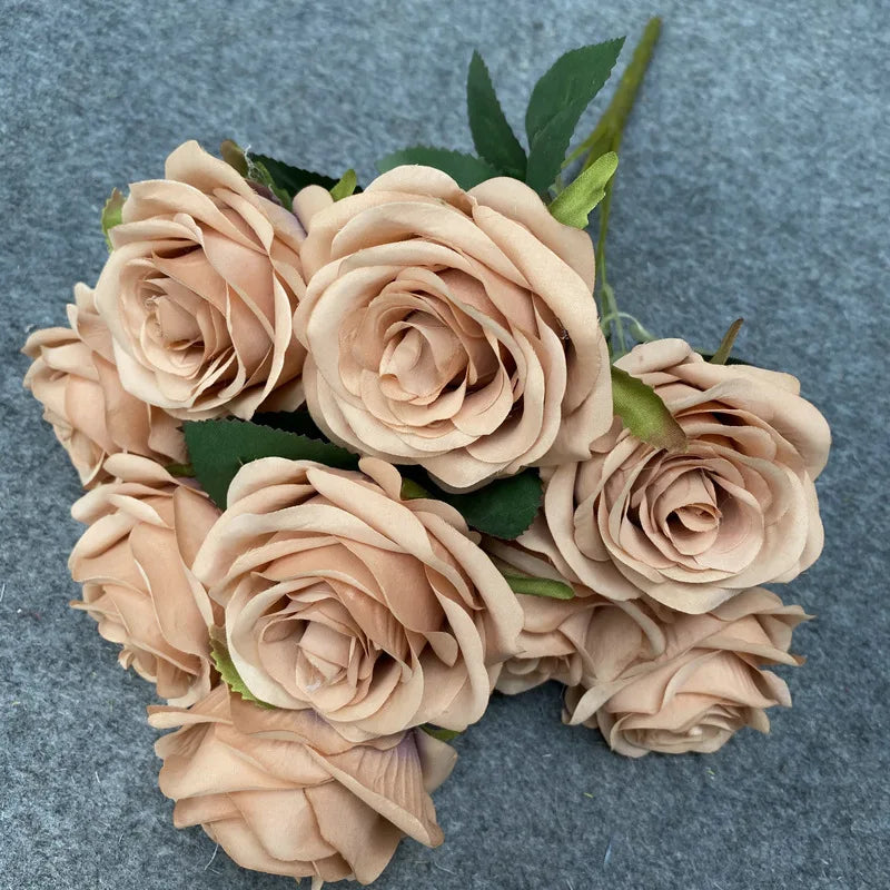 9Head Artificial Pink Rose Bouquet Flower Wedding Bridal Photography Props Home Garden Decoration Simulation Silk Rose Bouquet