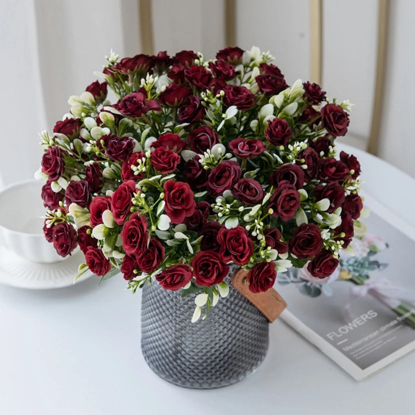 1PC 15 Head 5 Fork Silk Rose Wedding bridal Bouquet Christmas Wreath Vase Decoration Home bonsai DIY Scrapbook Artificial Flower