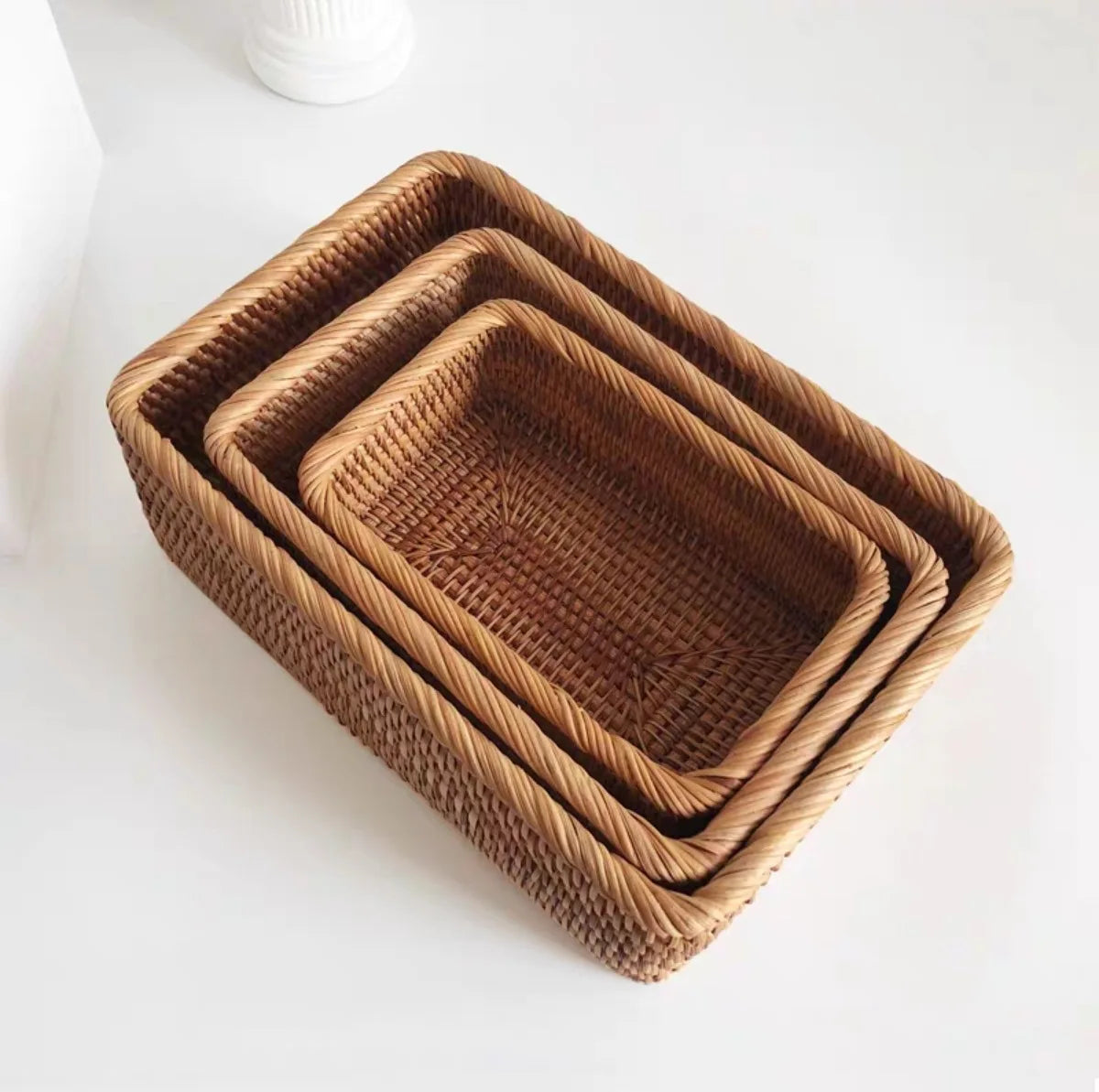 Hand-woven Rattan Wicker Basket Fruit Tea Snack Bread Basket Cosmetic Rectangular Storage Box Household Kitchen Supplies