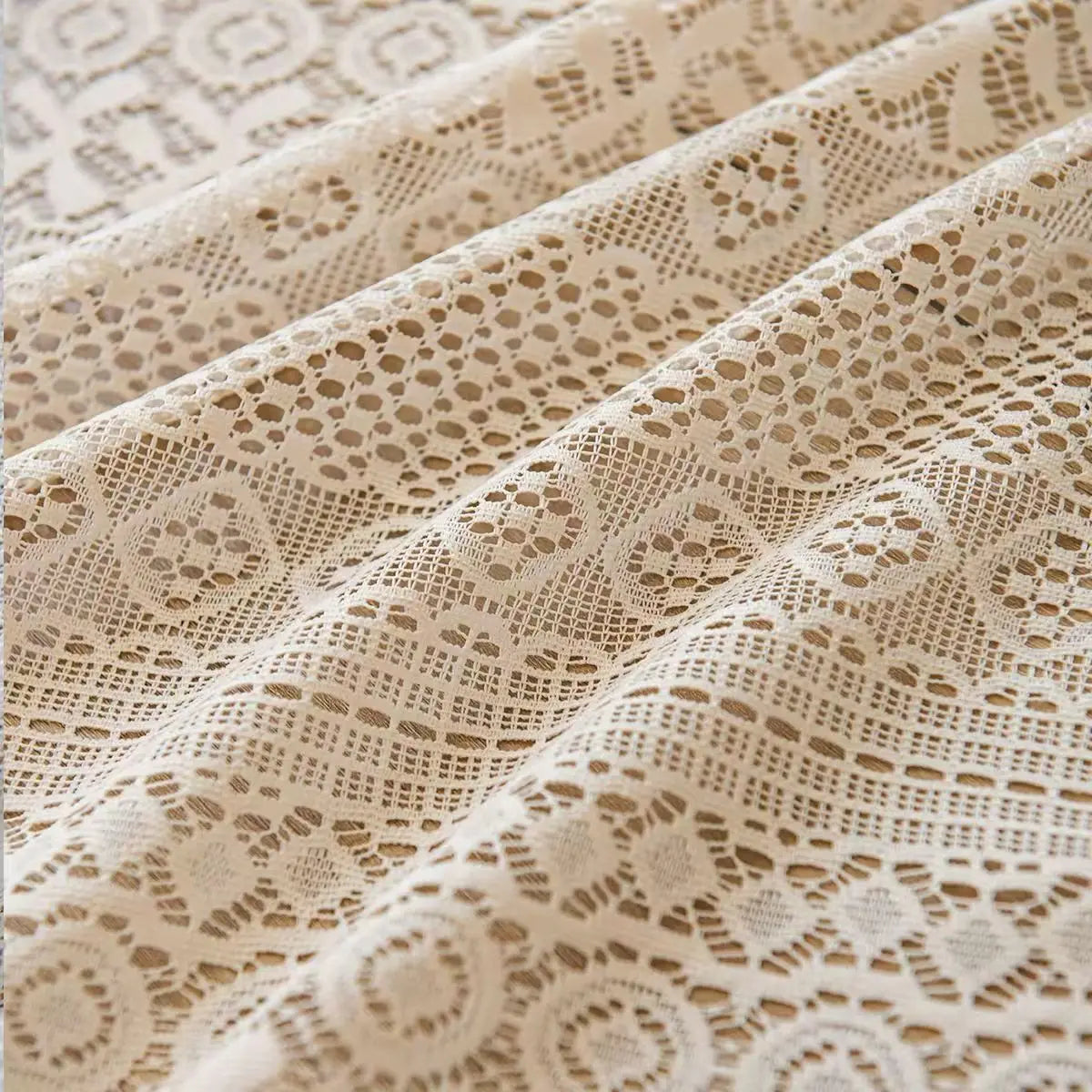 Beige Circular Patterned Hanging Tassel Short Curtain, Lace Short Curtain, Living Room, Bedroom, Kitchen Cabinet Cover Curtain