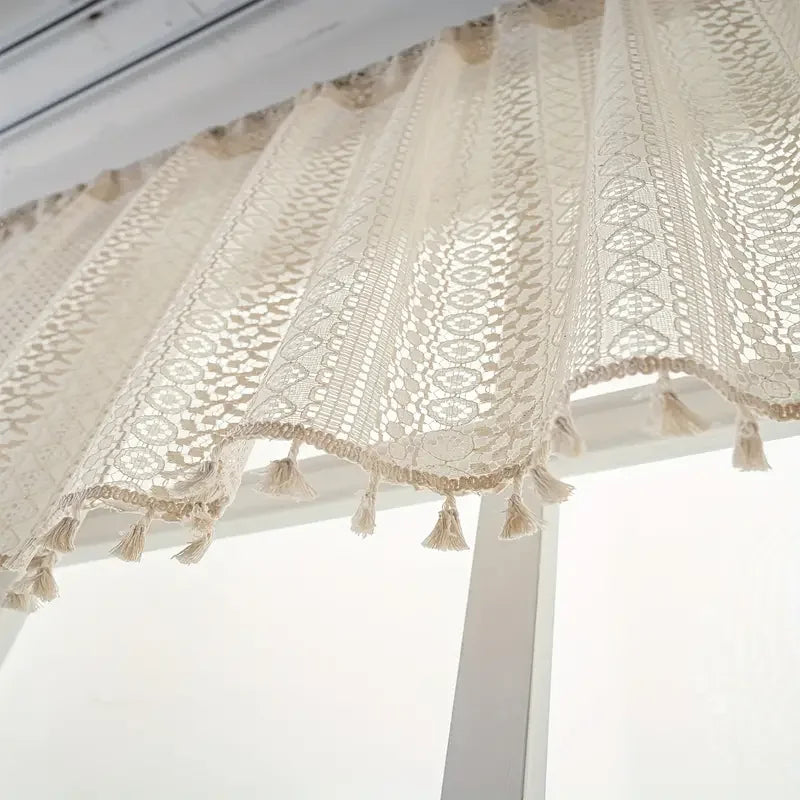 Beige Circular Patterned Hanging Tassel Short Curtain, Lace Short Curtain, Living Room, Bedroom, Kitchen Cabinet Cover Curtain