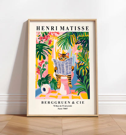 Black cat on toilet, Bathroom wall art, Matisse poster, Funny bathroom decor, Pink tropical decor