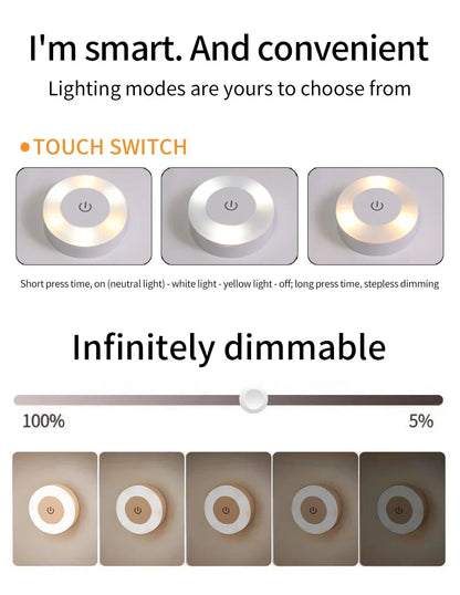 Round Led Wall Lamp Rechargeable Night Light with Touch Switch Dimmable Magnetic Book Light for Reading Bedroom Cabinet Closet