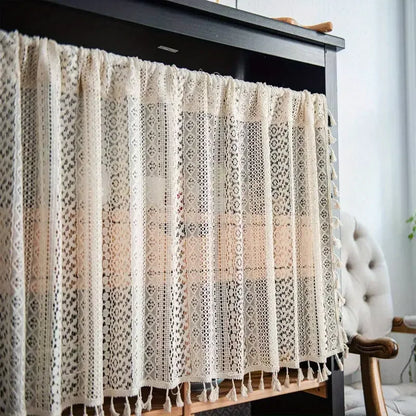 Beige Circular Patterned Hanging Tassel Short Curtain, Lace Short Curtain, Living Room, Bedroom, Kitchen Cabinet Cover Curtain