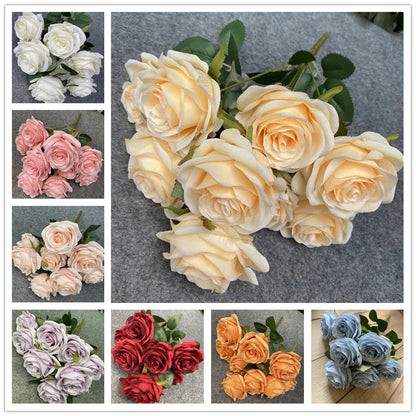 9Head Artificial Pink Rose Bouquet Flower Wedding Bridal Photography Props Home Garden Decoration Simulation Silk Rose Bouquet