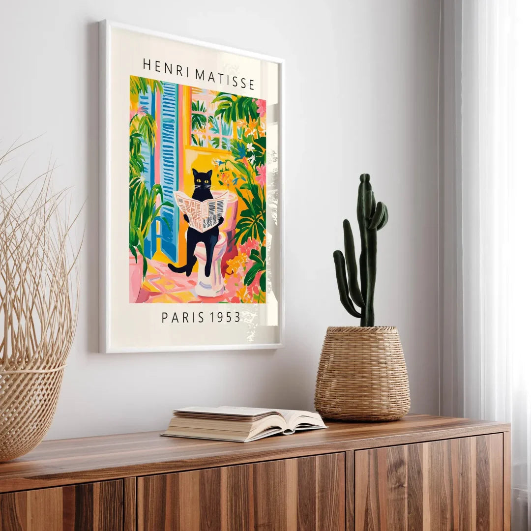 Black cat on toilet, Bathroom wall art, Matisse poster, Funny bathroom decor, Pink tropical decor