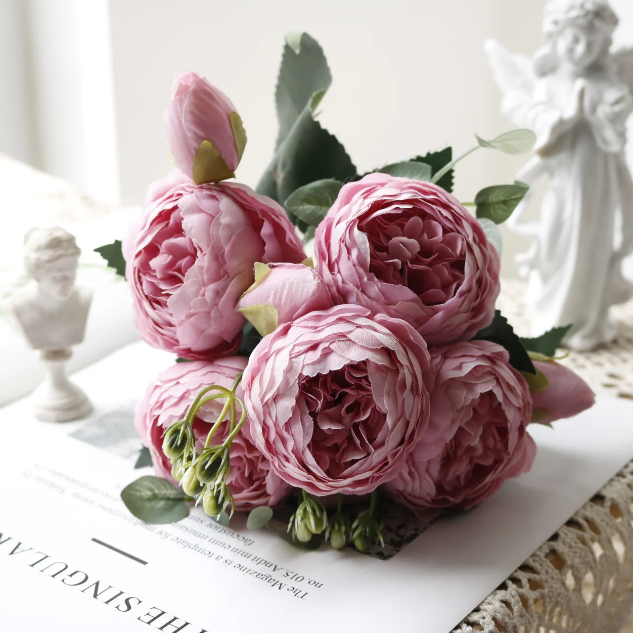 Hot Selling 1pcs/30cm Rose Pink Silk Bouquet Peony Artificial Flower 5 Big Head 4 Small Bud Bride Wedding Home Decoration Artifi