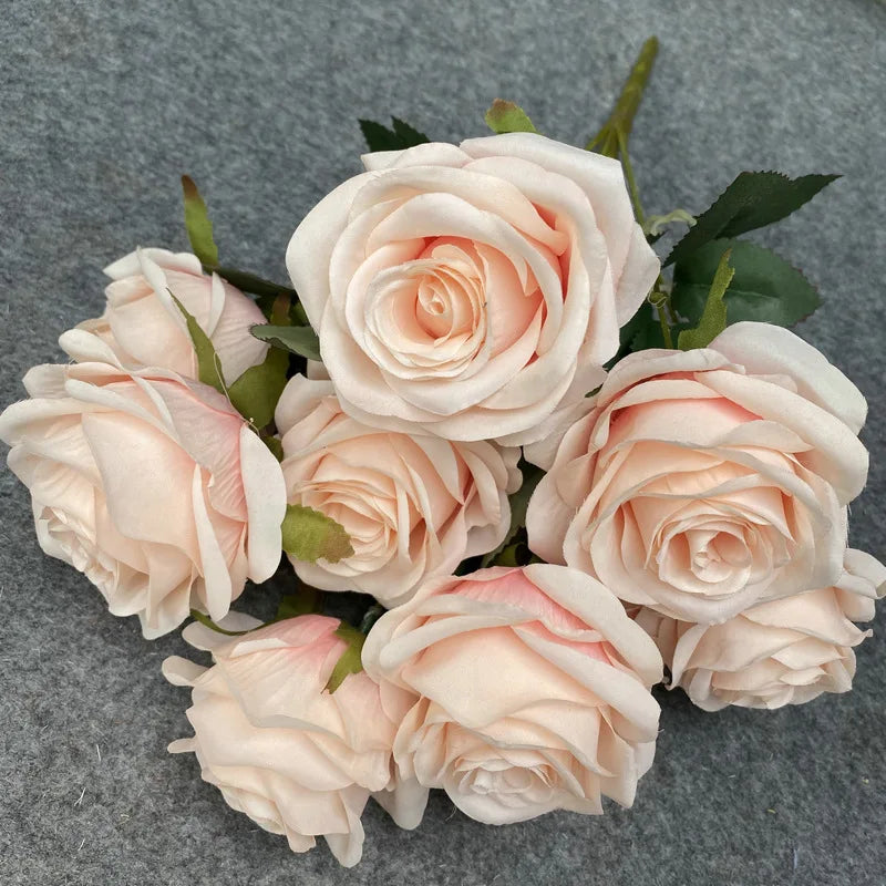 9Head Artificial Pink Rose Bouquet Flower Wedding Bridal Photography Props Home Garden Decoration Simulation Silk Rose Bouquet