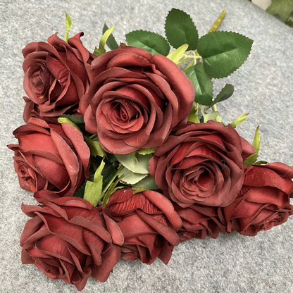 9Head Artificial Pink Rose Bouquet Flower Wedding Bridal Photography Props Home Garden Decoration Simulation Silk Rose Bouquet