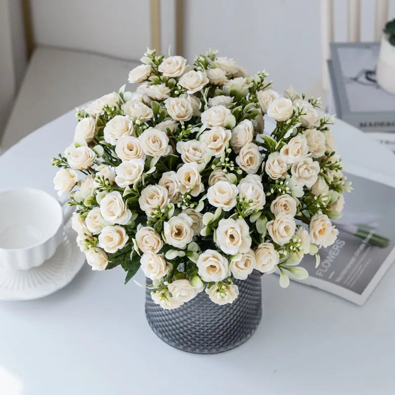 1PC 15 Head 5 Fork Silk Rose Wedding bridal Bouquet Christmas Wreath Vase Decoration Home bonsai DIY Scrapbook Artificial Flower
