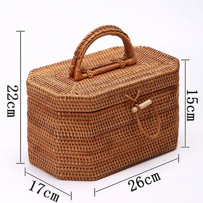 Handwoven Rattan Storage Box with Handle Wicker Ornament Box Tea set Container Picnic Bread Fruit Cake Basket Kitchen Organizer