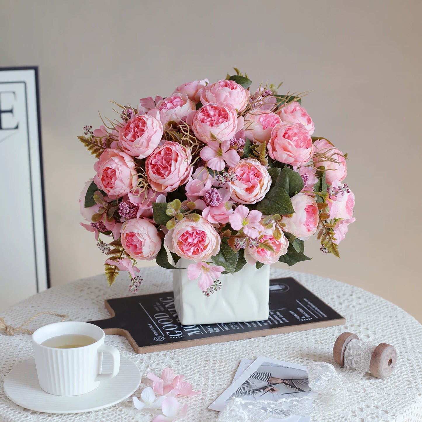 1PC Artificial Flowers Wedding Home Bedroom Decoration Bridal Bouquet Garden Fake Silk Peony Hydrangeas Vase for Board Outdoors